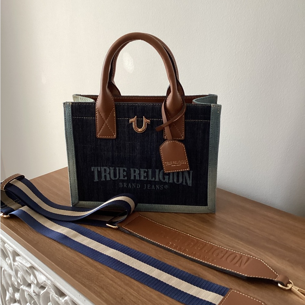 True Religion Blue Denim Bag with Gold Accent